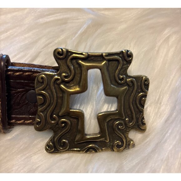 Tony Lama 34L Tooled Leather Belt With Cross Cutout Brass Buckle Made In USA - Picture 3 of 9